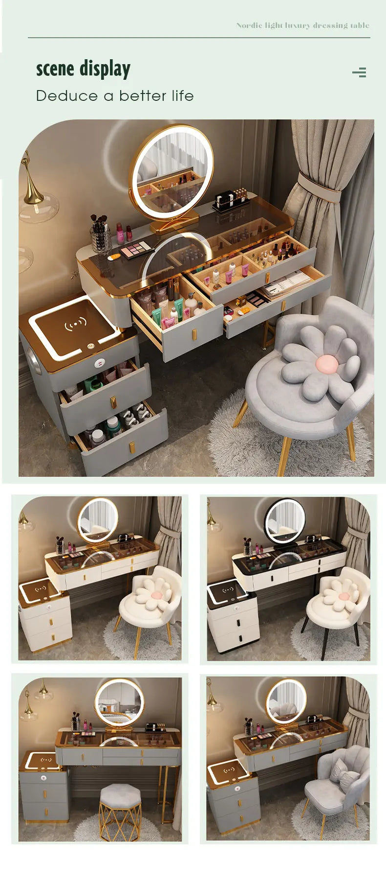 Multifunction Wireless Charging Princess Dressing Table Convertible Bedroom Smart Makeup Vanity With LED Mirror