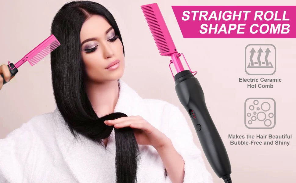 Electric Pink Hot Comb Professional Fast Heating Styling Comb Hair Straightener Portable Anti-Scald Straightening Press Comb