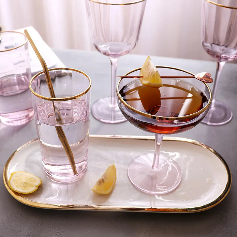 Nordic Creative Pink Cocktail Glass Lead-Free Crystal Home Champagne Wine Glasses Set Goblet Juice Water Cup Golden Edge Kettle