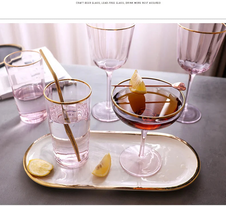 Nordic Creative Pink Cocktail Glass Lead-Free Crystal Home Champagne Wine Glasses Set Goblet Juice Water Cup Golden Edge Kettle