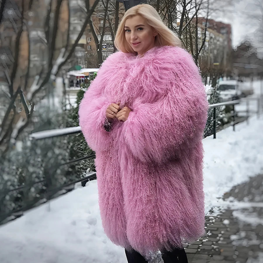 Ladies Sheep Skin Coat For Women Mongolia Sheep Fur Coats Pink Sheepskin Coat Winter Fashion Lamb Coats
