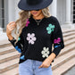Spell Color Flower Round Collar Pullover Knitted Sweater
