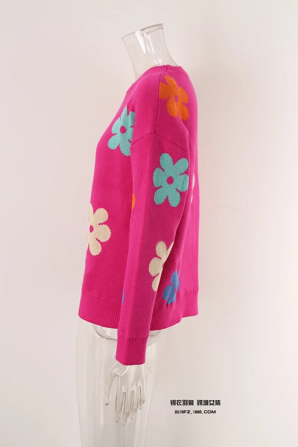 Spell Color Flower Round Collar Pullover Knitted Sweater