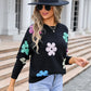 Spell Color Flower Round Collar Pullover Knitted Sweater