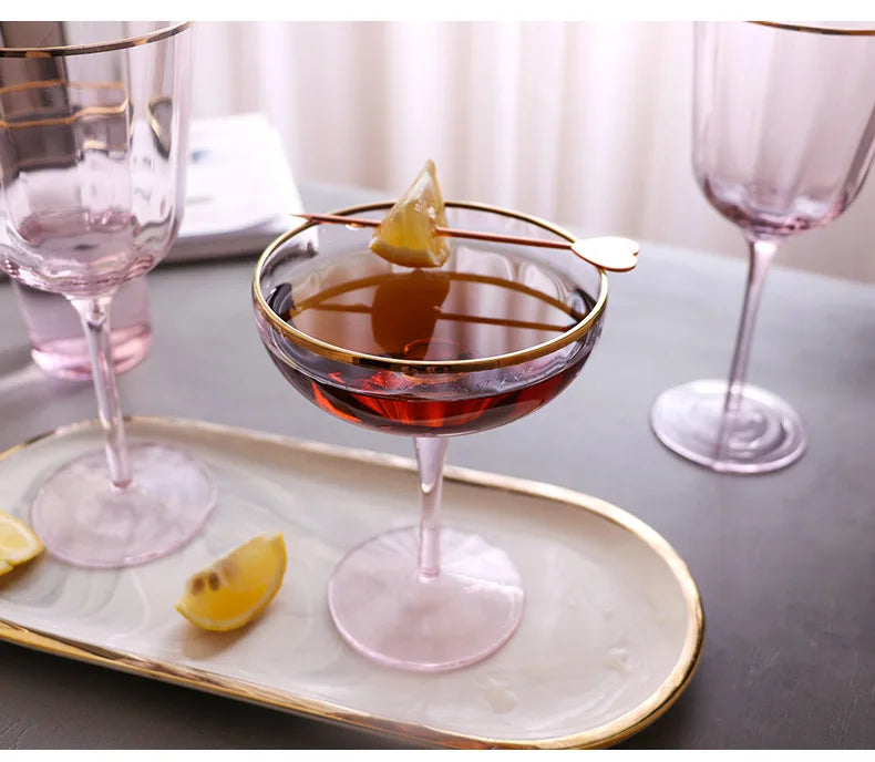 Nordic Creative Pink Cocktail Glass Lead-Free Crystal Home Champagne Wine Glasses Set Goblet Juice Water Cup Golden Edge Kettle