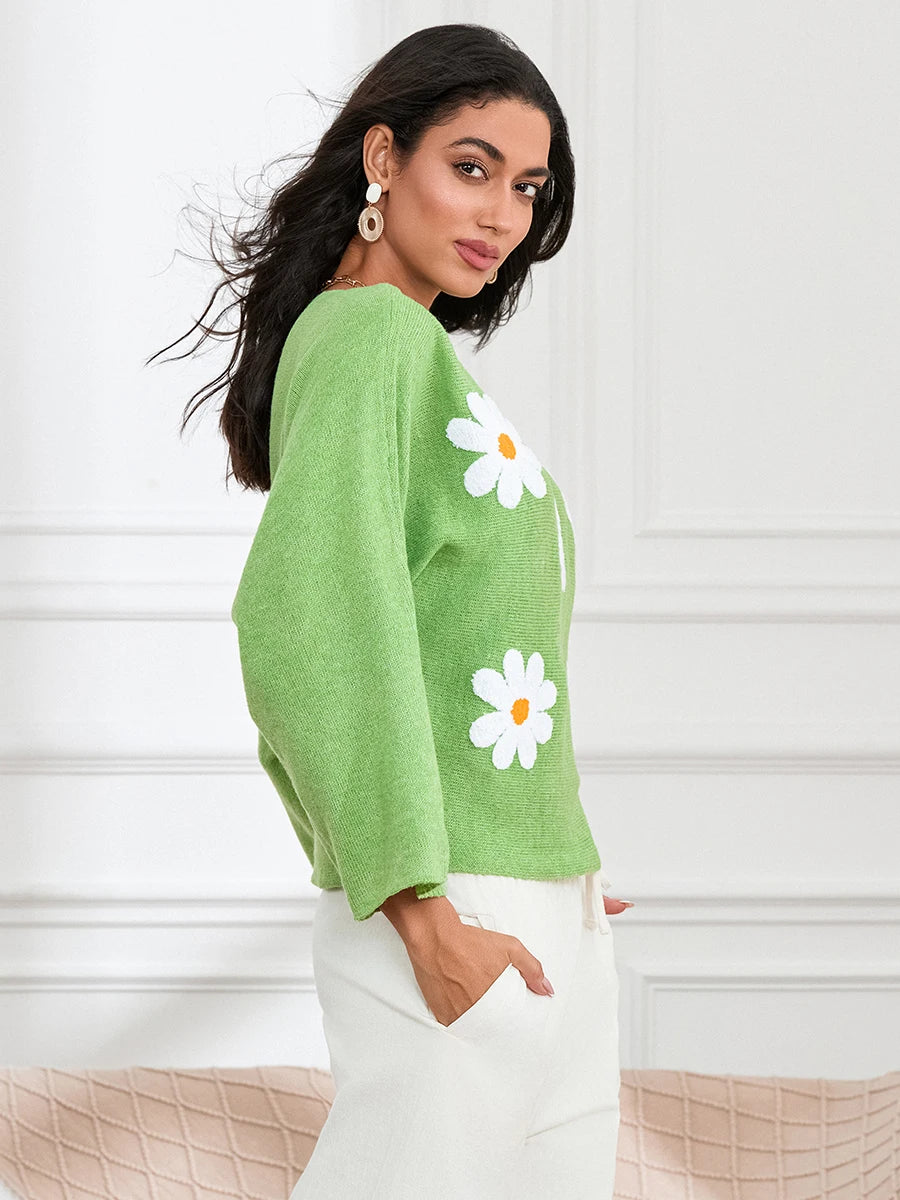 Women Loose Knit Sweater Sweet Flower Embroidered Long Sleeve Boat Neck Pullovers Spring Fall Casual Jumpers Tops