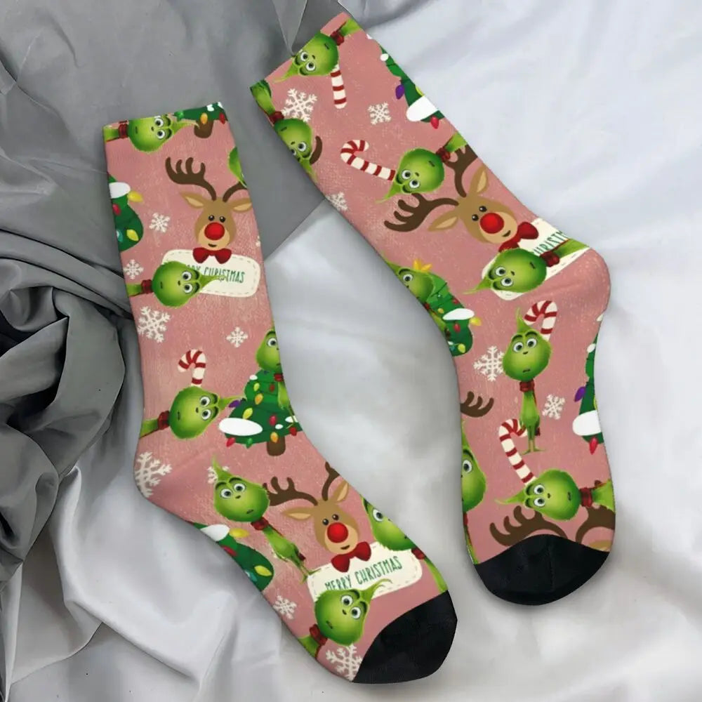 Unisex Men Socks Christmas-S-Green-S-Grinching Just Waiting for Christmas Stockings Winter Kawaii Socks Climbing Non Skid Socks