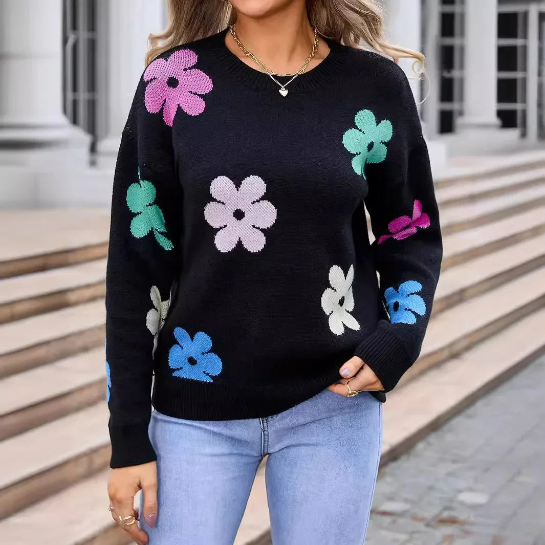 Spell Color Flower Round Collar Pullover Knitted Sweater