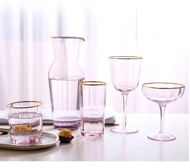 Nordic Creative Pink Cocktail Glass Lead-Free Crystal Home Champagne Wine Glasses Set Goblet Juice Water Cup Golden Edge Kettle