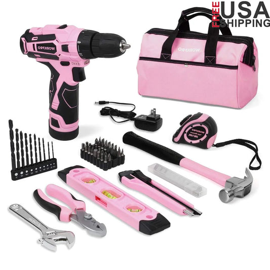 Cordless Drill Driver 12V Pink Hand Tool Set 18 1 Torque Adjustment Lithium-ion Battery 177 in-lbs Torque Portable Storage Bag
