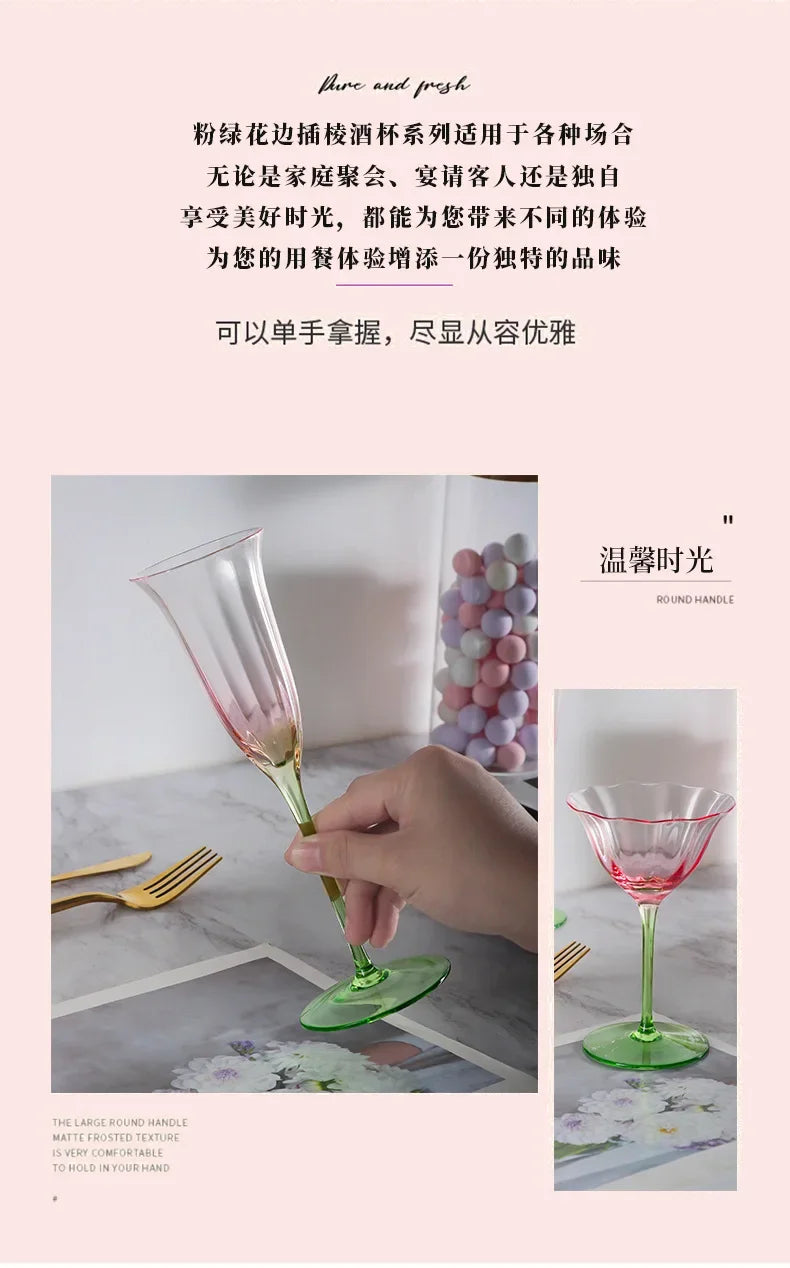 French Floral Cocktail Glass Household Luxury Retro Flower Red Wine Goblet Crystal Glass Pink Green Champagne Cup Cocktail Cup