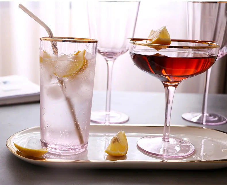 Nordic Creative Pink Cocktail Glass Lead-Free Crystal Home Champagne Wine Glasses Set Goblet Juice Water Cup Golden Edge Kettle