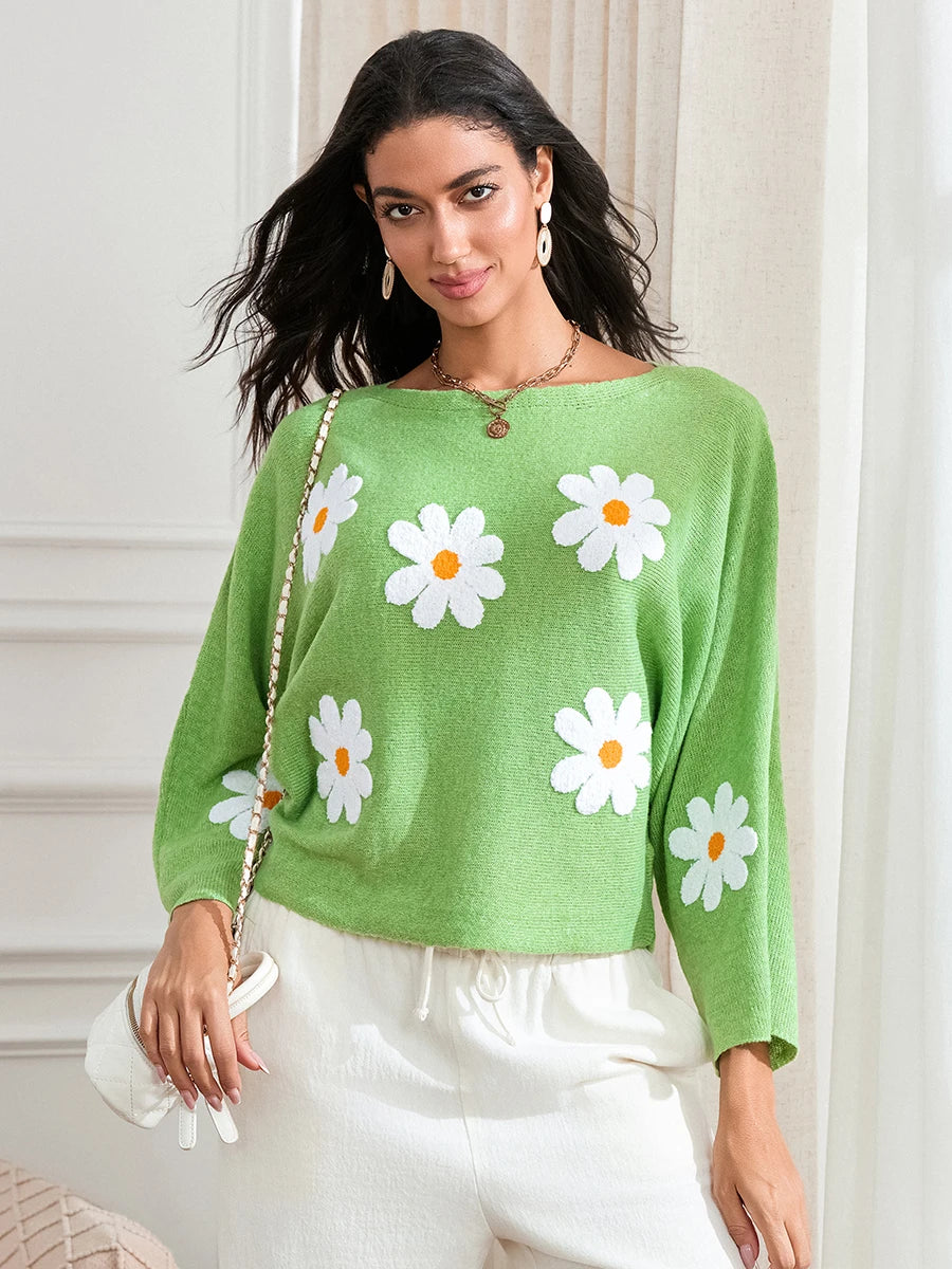 Women Loose Knit Sweater Sweet Flower Embroidered Long Sleeve Boat Neck Pullovers Spring Fall Casual Jumpers Tops