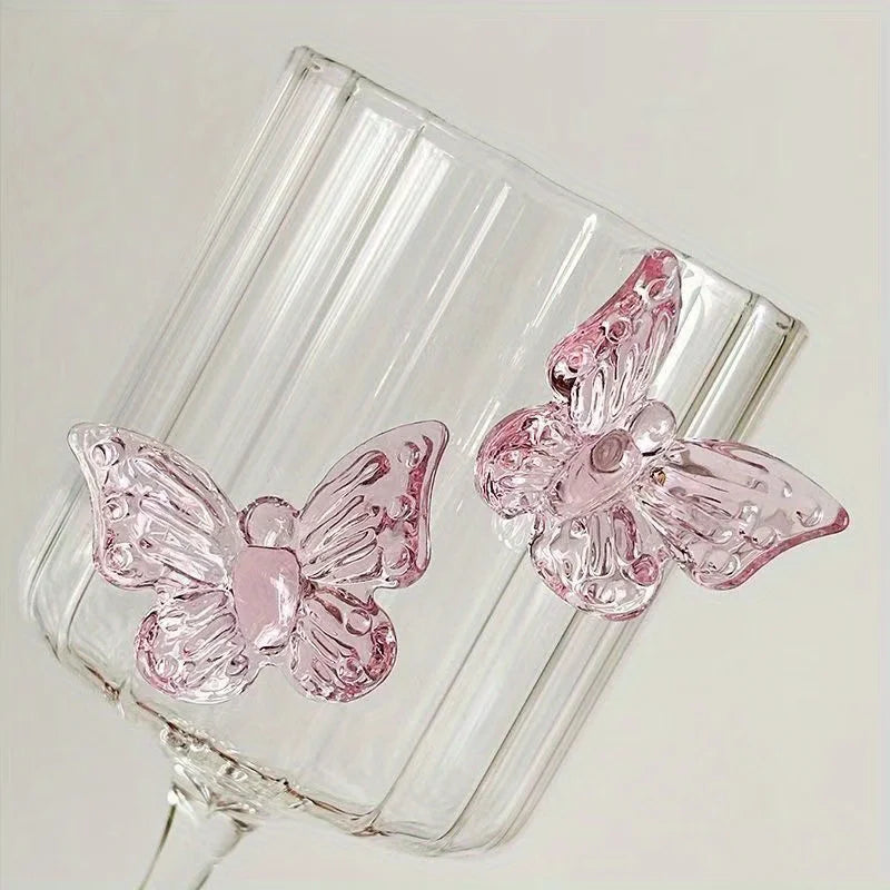 Pink Butterfly-Shaped Glass Goblet for Women，Cute Champagne Water Glass Home Wine Glass， Juice Ideal Holiday Gift Perfect Cup