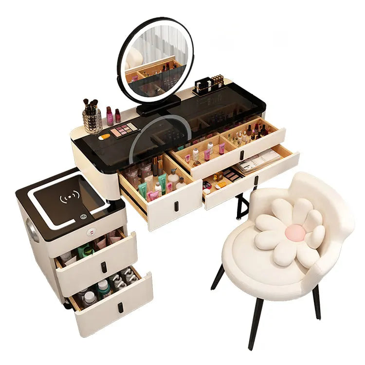 Multifunction Wireless Charging Princess Dressing Table Convertible Bedroom Smart Makeup Vanity With LED Mirror