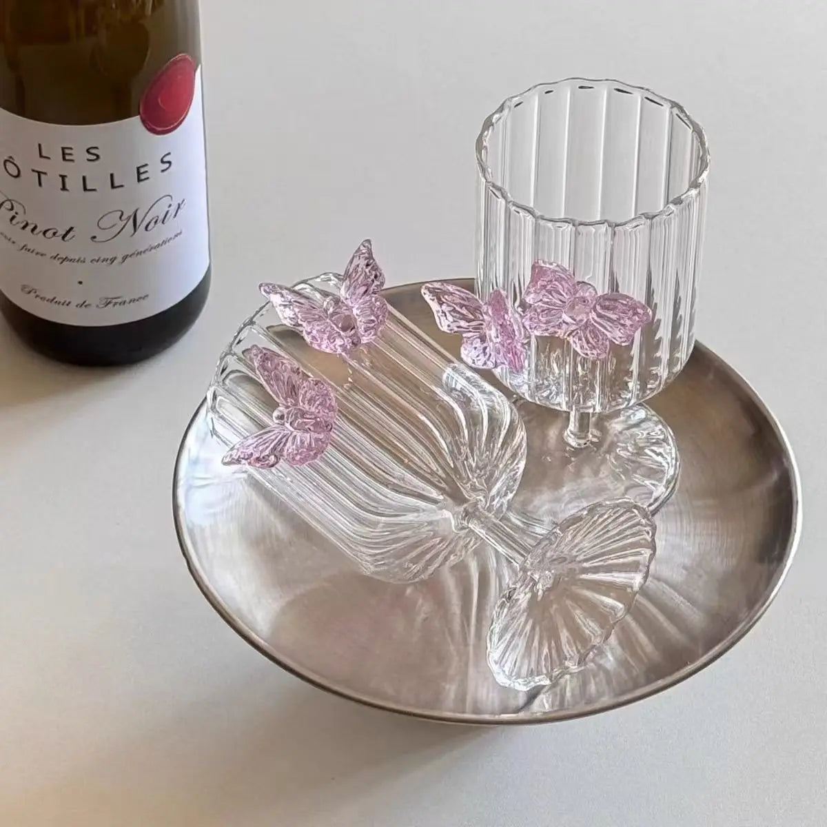 Pink Butterfly-Shaped Glass Goblet for Women，Cute Champagne Water Glass Home Wine Glass， Juice Ideal Holiday Gift Perfect Cup
