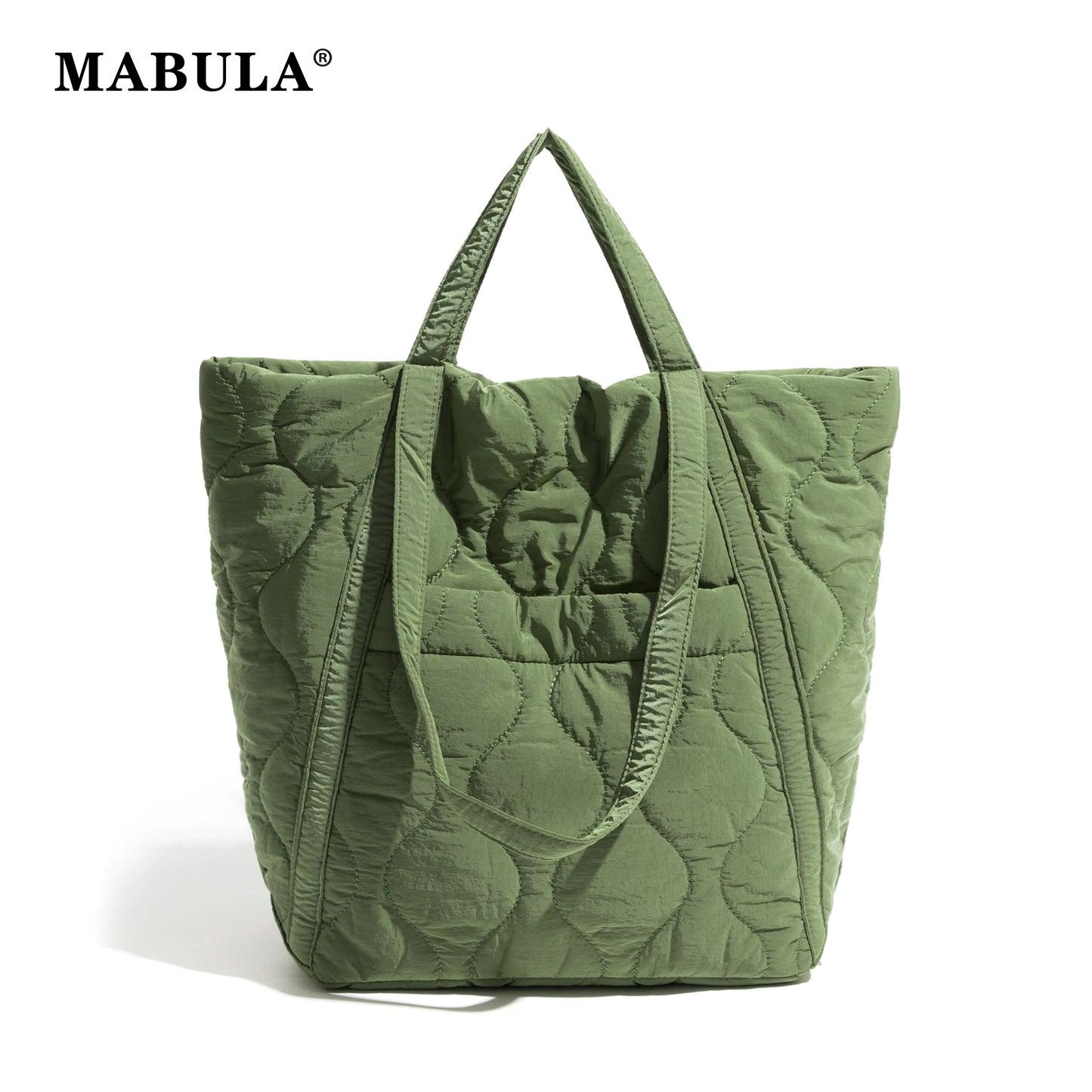 MABULA Green Cotton Padded Women's Handbag Fit 13" Laptop Big Capacity Quilted Work Bag Japanese Simple Shoulder Puffer Purse