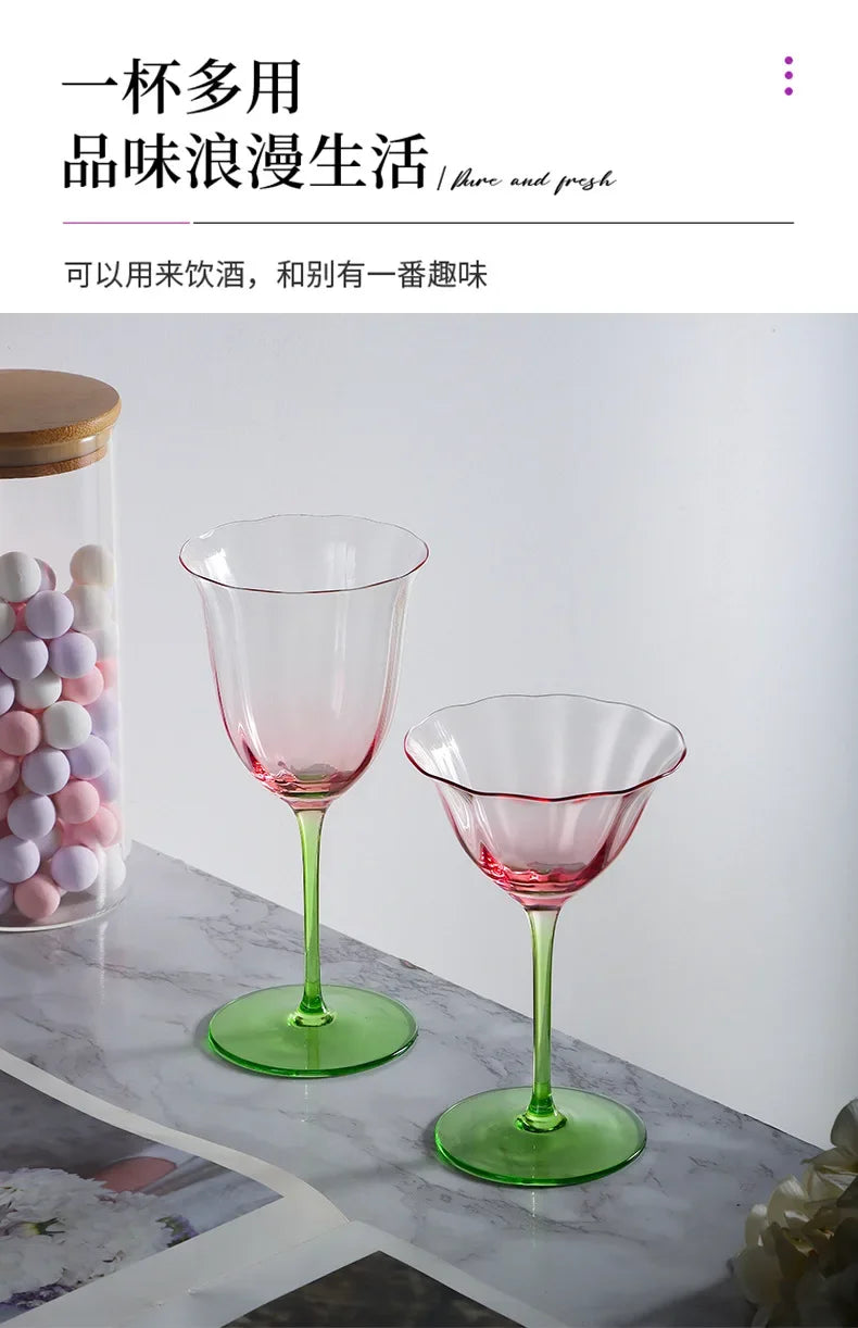 French Floral Cocktail Glass Household Luxury Retro Flower Red Wine Goblet Crystal Glass Pink Green Champagne Cup Cocktail Cup