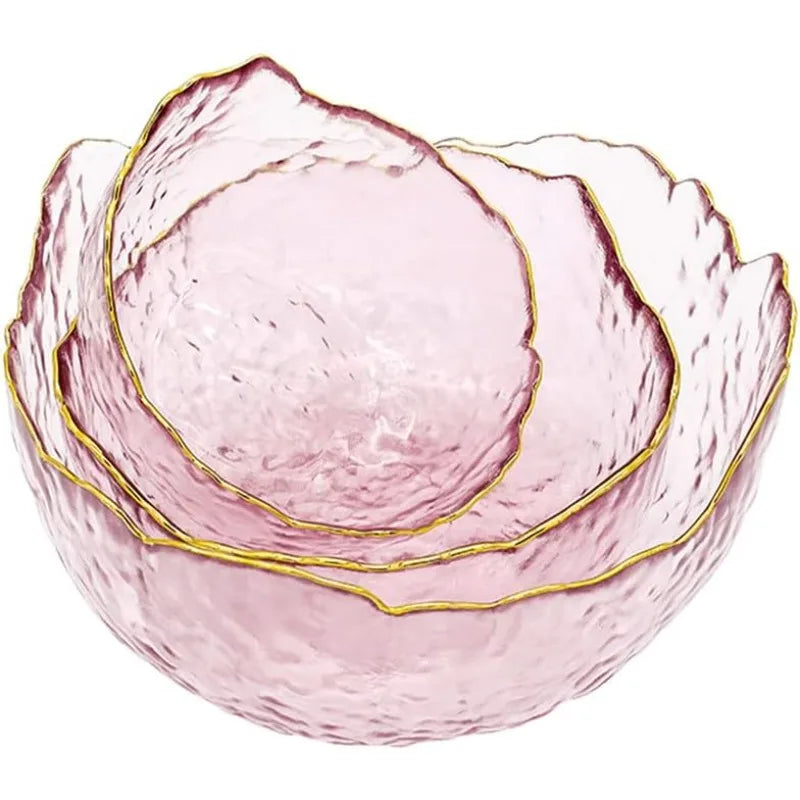 3-Pack Glass for Kitchen Prep, Nesting Space Saving Set of  Pink Crystal  Set, Irregular Shape Glass