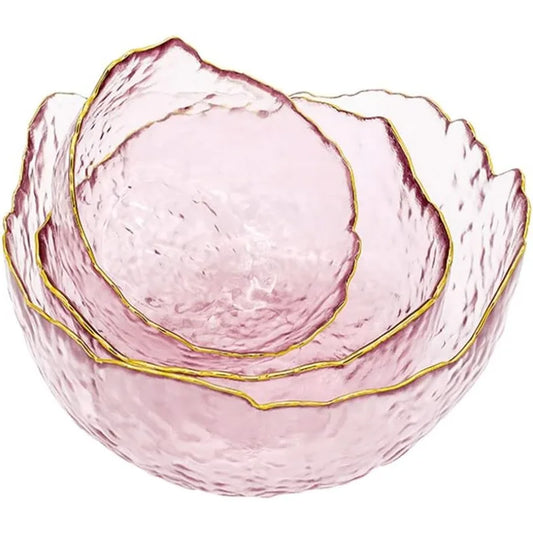 3-Pack Glass for Kitchen Prep, Nesting Space Saving Set of  Pink Crystal  Set, Irregular Shape Glass