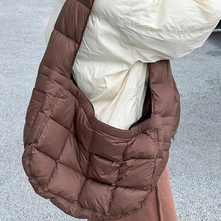 Women Padded Quilted Crossbody Korean Fashion Hobos Shoulder Bag Large Capacity Half Moon Handbag Lightweight Winter Tote Bags