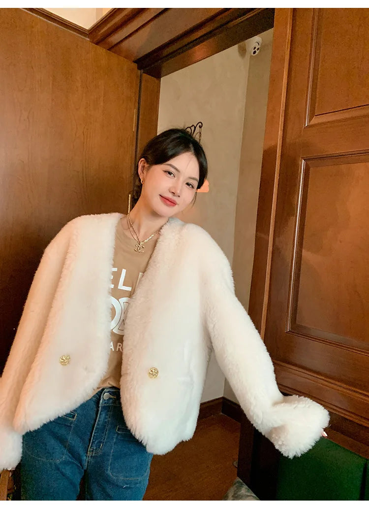 Tuscan Fur True Lamb Wool Sheep Trimmed Fleece Fur Coat