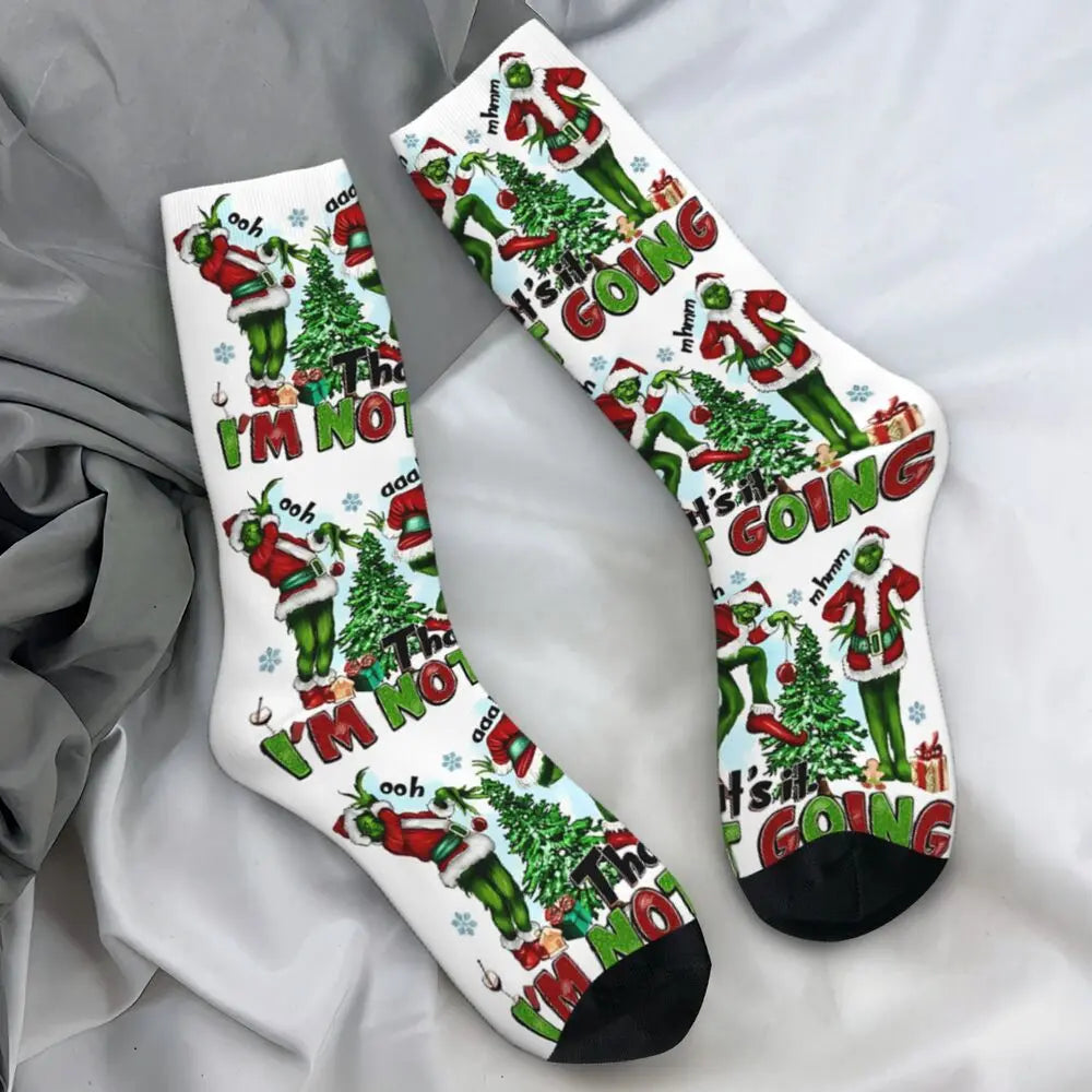 Unisex Men Socks Christmas-S-Green-S-Grinching Just Waiting for Christmas Stockings Winter Kawaii Socks Climbing Non Skid Socks