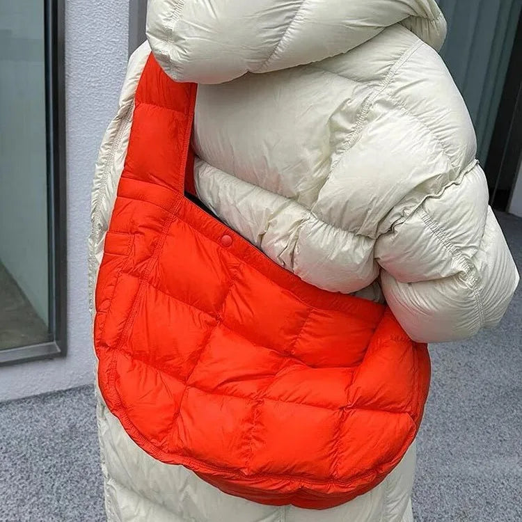 Women Padded Quilted Crossbody Korean Fashion Hobos Shoulder Bag Large Capacity Half Moon Handbag Lightweight Winter Tote Bags