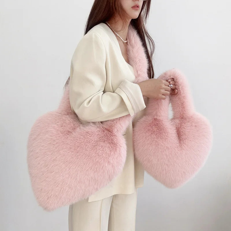 Love Heart Female Pink Plush Handbags Large Capacity Women's Faux Fur Crossbody Bag Tote Y2k Hot Girls Fluffy Shoulder Bags