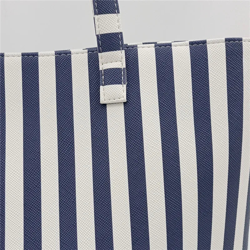Large capacity vertical stripe Tote bag women Chic PU leather simple shoulder bag fashion casual ladies commuter bag pink/blue