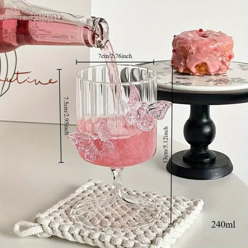 Pink Butterfly-Shaped Glass Goblet for Women，Cute Champagne Water Glass Home Wine Glass， Juice Ideal Holiday Gift Perfect Cup
