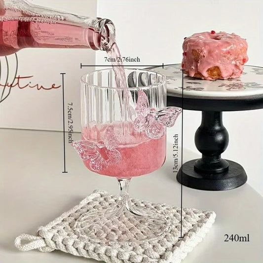 Pink Butterfly-Shaped Glass Goblet for Women，Cute Champagne Water Glass Home Wine Glass， Juice Ideal Holiday Gift Perfect Cup