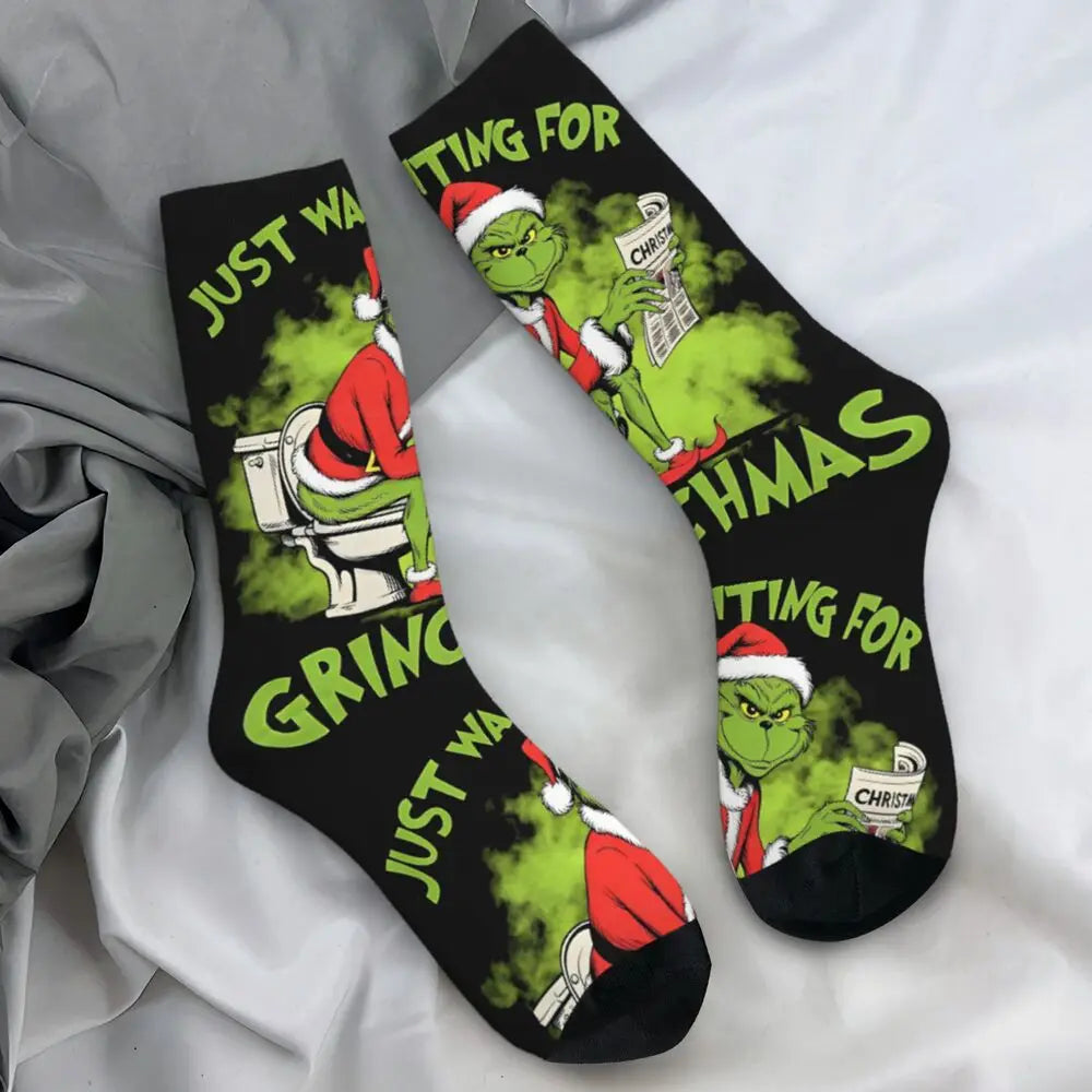 Unisex Men Socks Christmas-S-Green-S-Grinching Just Waiting for Christmas Stockings Winter Kawaii Socks Climbing Non Skid Socks