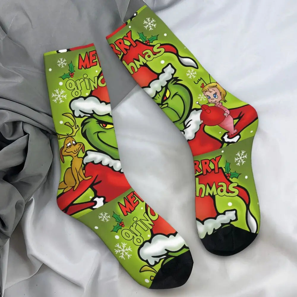 Unisex Men Socks Christmas-S-Green-S-Grinching Just Waiting for Christmas Stockings Winter Kawaii Socks Climbing Non Skid Socks