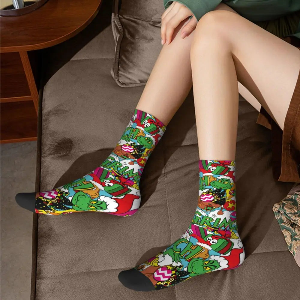 Novelty Christmas-S-Green-S-Grinching Socks Men's Women's Fashion Socks Spring Summer Autumn Winter Middle Tube Socks Gift