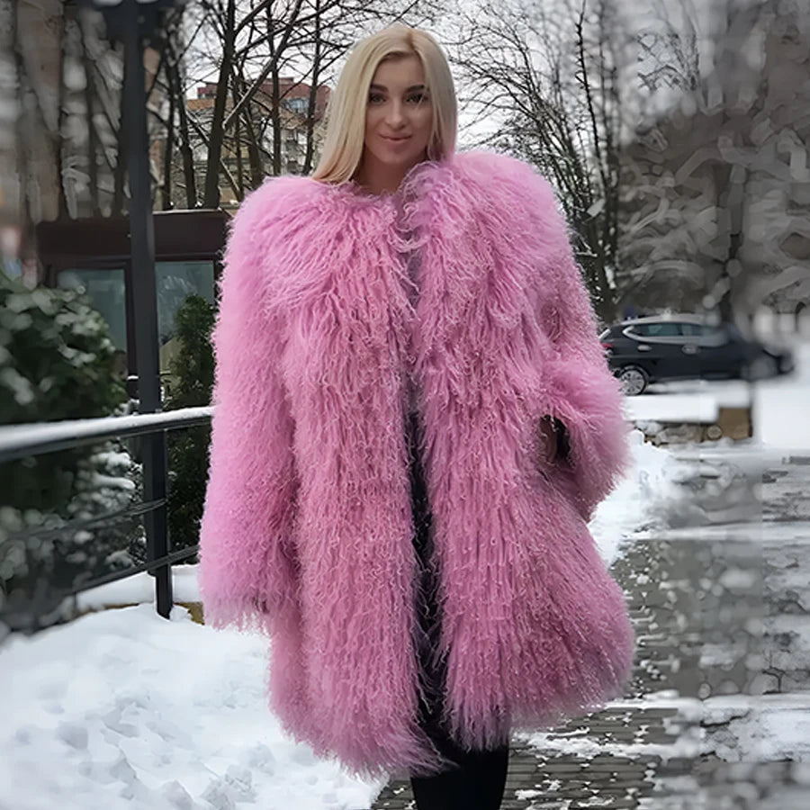 Ladies Sheep Skin Coat For Women Mongolia Sheep Fur Coats Pink Sheepskin Coat Winter Fashion Lamb Coats