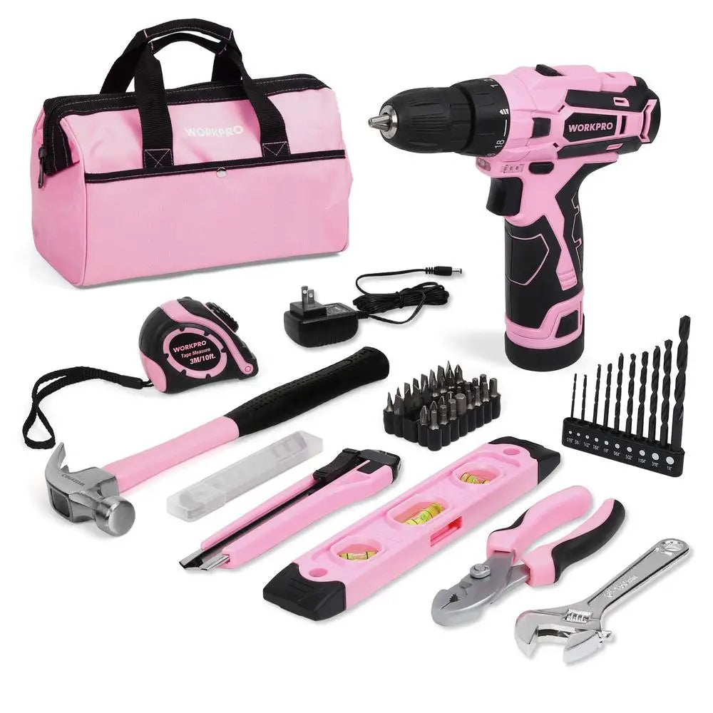 Cordless Drill Driver 12V Pink Hand Tool Set 18 1 Torque Adjustment Lithium-ion Battery 177 in-lbs Torque Portable Storage Bag