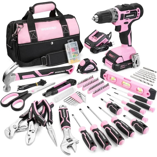 Pink Household Tool Kit with Drill, 157PCS Tool Set with 20V Cordless Lithium-ion Drill Driver, Home Tool Kit for All Purpose