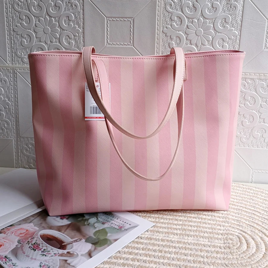 Large capacity vertical stripe Tote bag women Chic PU leather simple shoulder bag fashion casual ladies commuter bag pink/blue