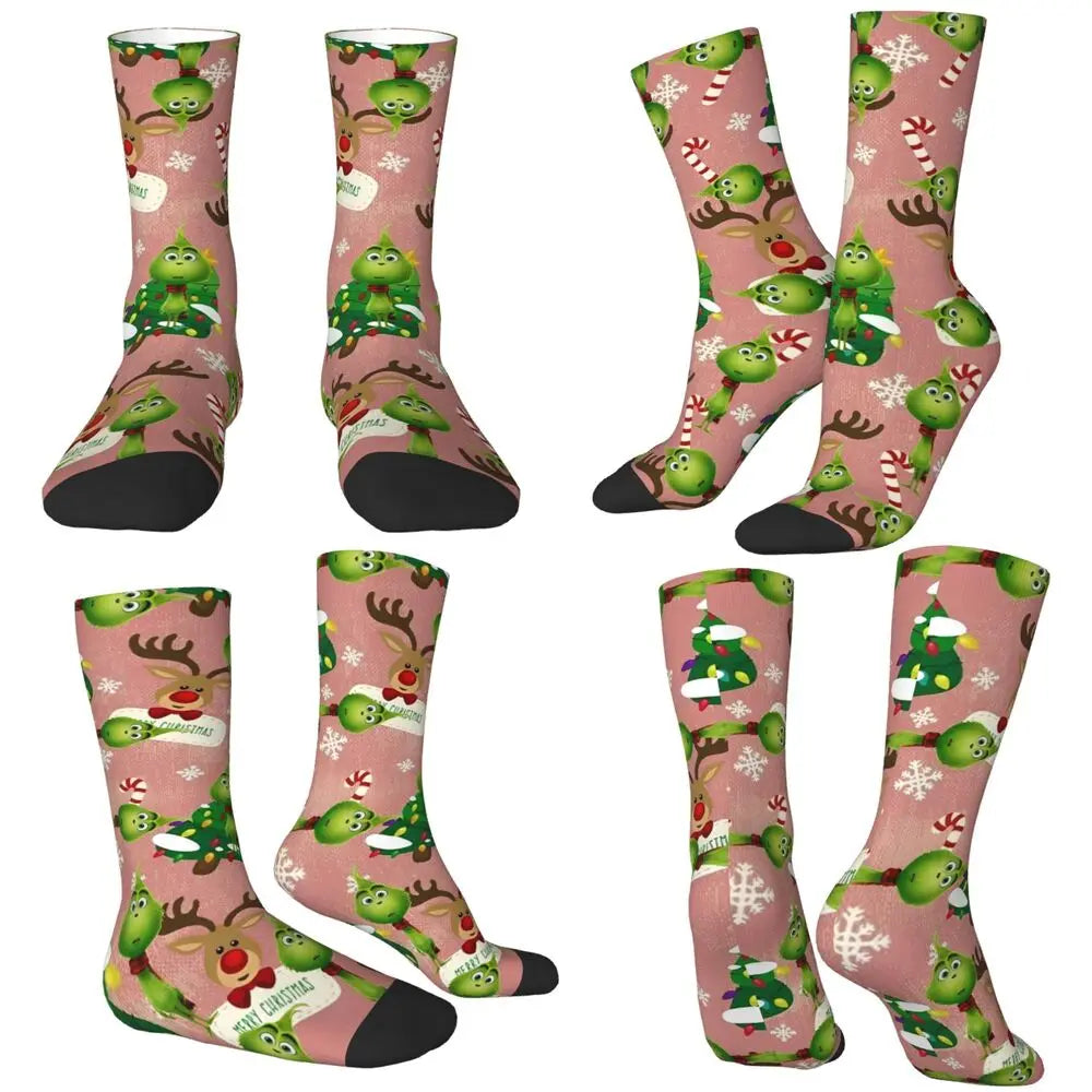 Unisex Men Socks Christmas-S-Green-S-Grinching Just Waiting for Christmas Stockings Winter Kawaii Socks Climbing Non Skid Socks