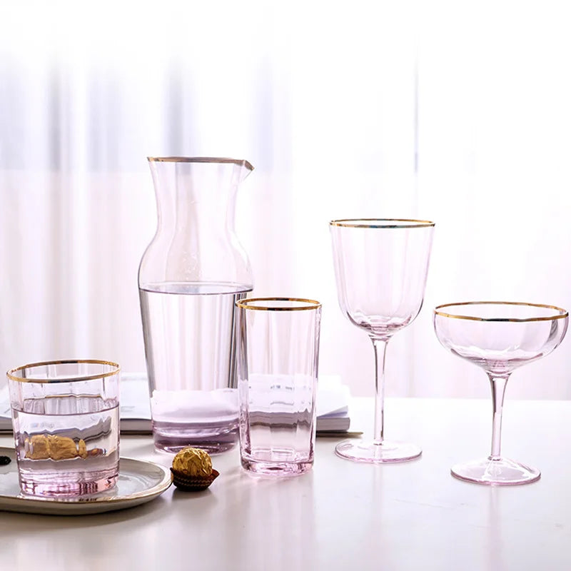Nordic Creative Pink Cocktail Glass Lead-Free Crystal Home Champagne Wine Glasses Set Goblet Juice Water Cup Golden Edge Kettle