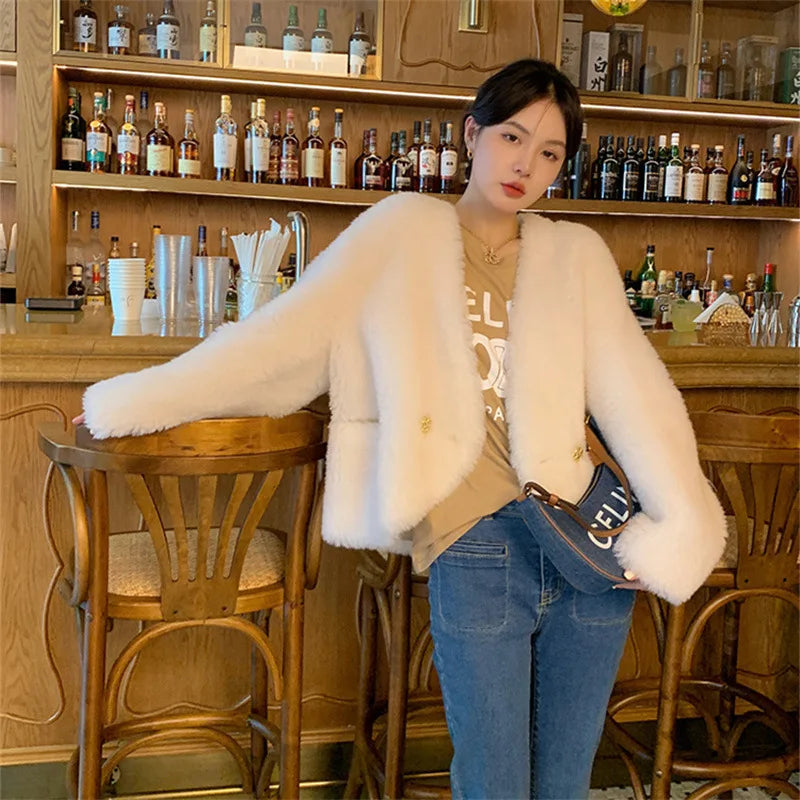 Tuscan Fur True Lamb Wool Sheep Trimmed Fleece Fur Coat