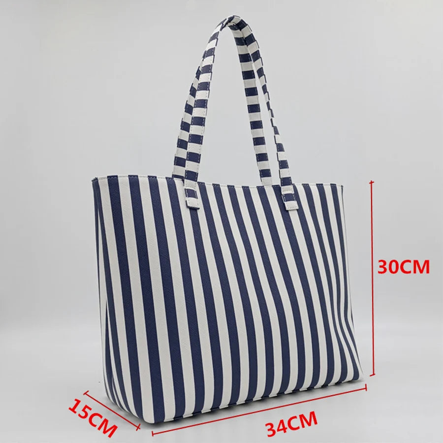 Large capacity vertical stripe Tote bag women Chic PU leather simple shoulder bag fashion casual ladies commuter bag pink/blue