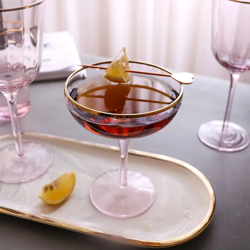 Nordic Creative Pink Cocktail Glass Lead-Free Crystal Home Champagne Wine Glasses Set Goblet Juice Water Cup Golden Edge Kettle