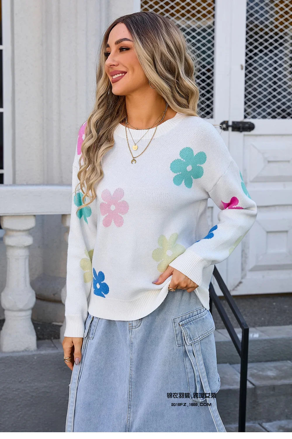 Spell Color Flower Round Collar Pullover Knitted Sweater