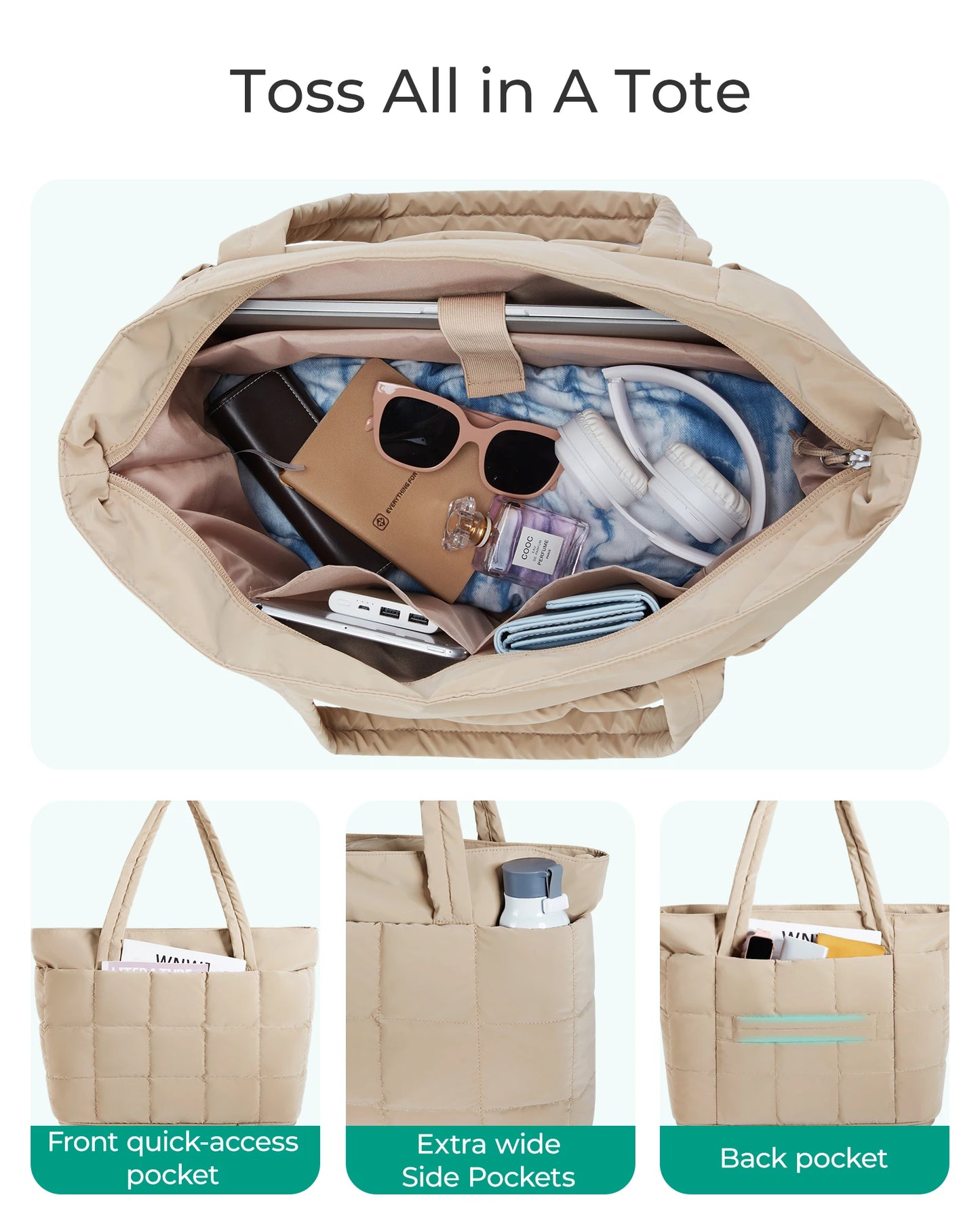 BAGSMART Expandable Tote Bag for Women Puffer Shoulder Tote Bag With Zipper 28L Travel Bags Casual Handbags Nurse Bag