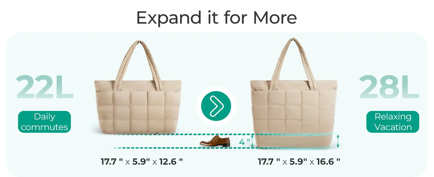 BAGSMART Expandable Tote Bag for Women Puffer Shoulder Tote Bag With Zipper 28L Travel Bags Casual Handbags Nurse Bag