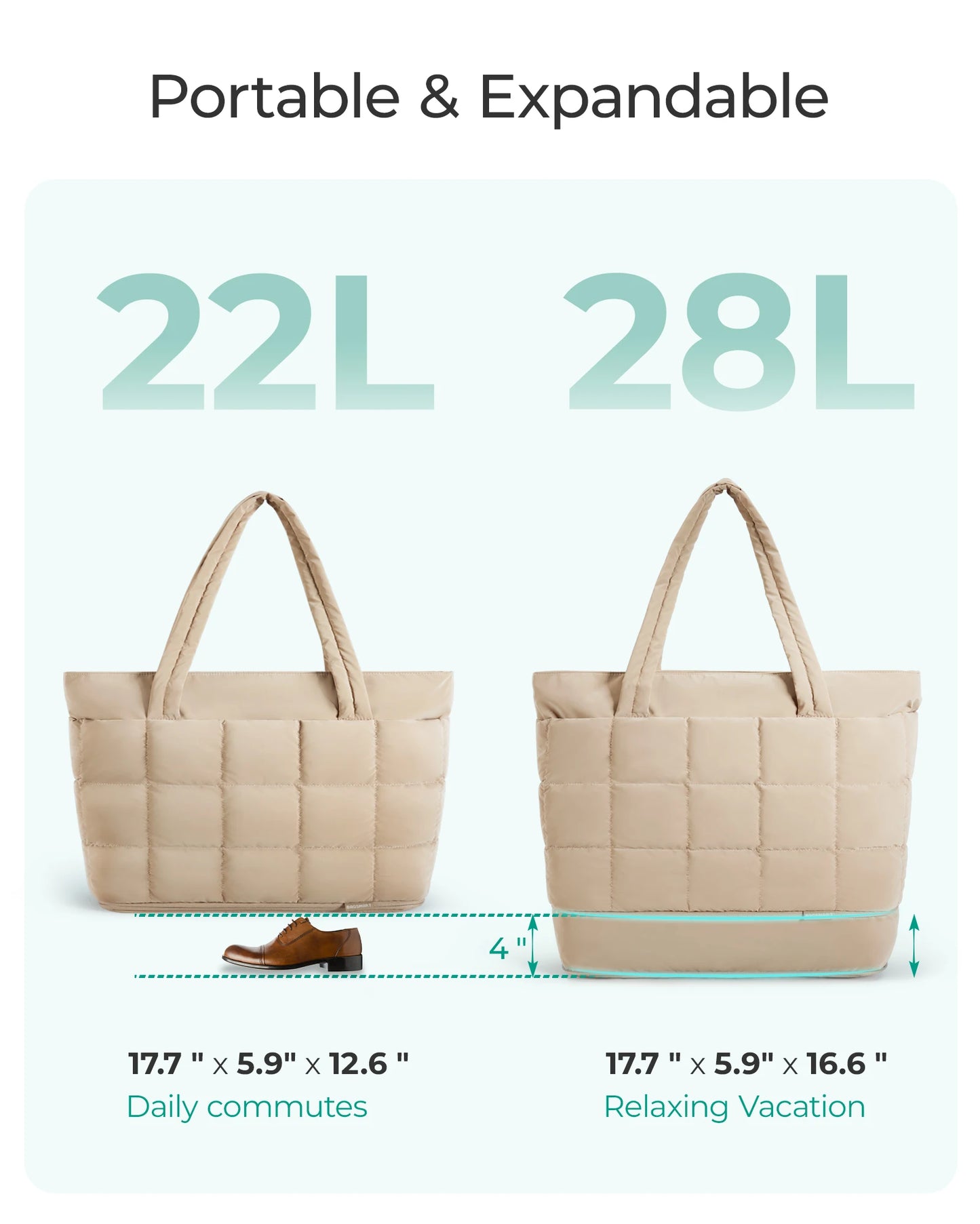 BAGSMART Expandable Tote Bag for Women Puffer Shoulder Tote Bag With Zipper 28L Travel Bags Casual Handbags Nurse Bag