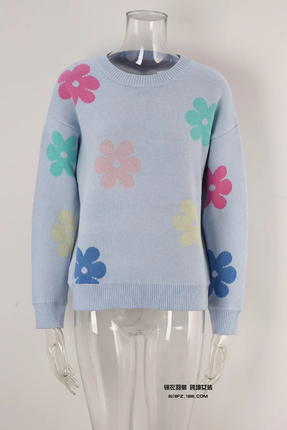 Spell Color Flower Round Collar Pullover Knitted Sweater