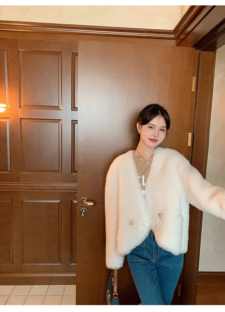 Tuscan Fur True Lamb Wool Sheep Trimmed Fleece Fur Coat